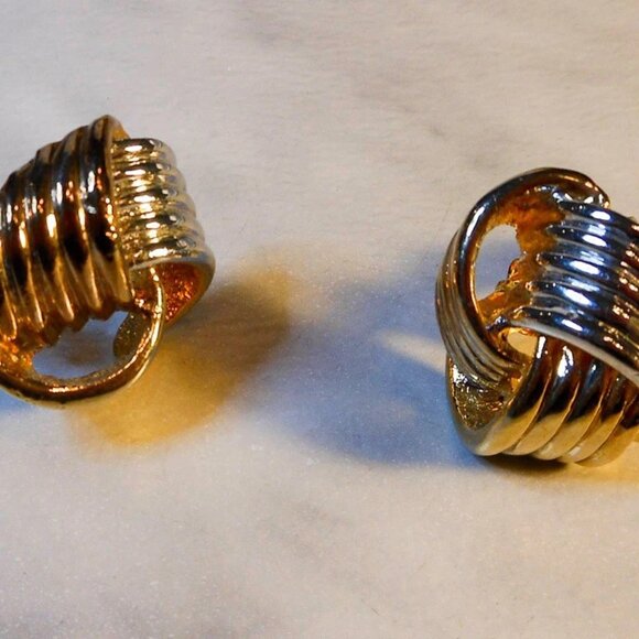 Vintage Two Tone Knot Clip On Earrings Gold Silver Bold Statement Retro 1.25" - Picture 2 of 5